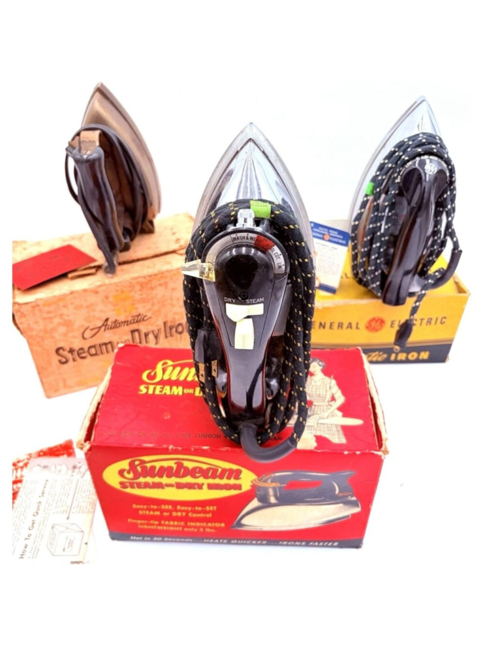 VINTAGE Steam Dry IRON Lot GE Sunbeam Hotpoint WORKING w/ Original Boxes